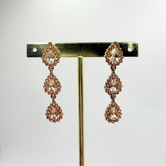 Bridal Rose Gold Tone Halo Teardrop Rhinestones Wedding Dangle Drop Earrings - Picture 3 of 6
